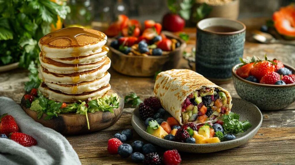 A delicious and colorful vegan breakfast spread featuring pancakes, a breakfast burrito, a smoothie bowl, and a cup of tea