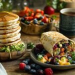 A delicious and colorful vegan breakfast spread featuring pancakes, a breakfast burrito, a smoothie bowl, and a cup of tea