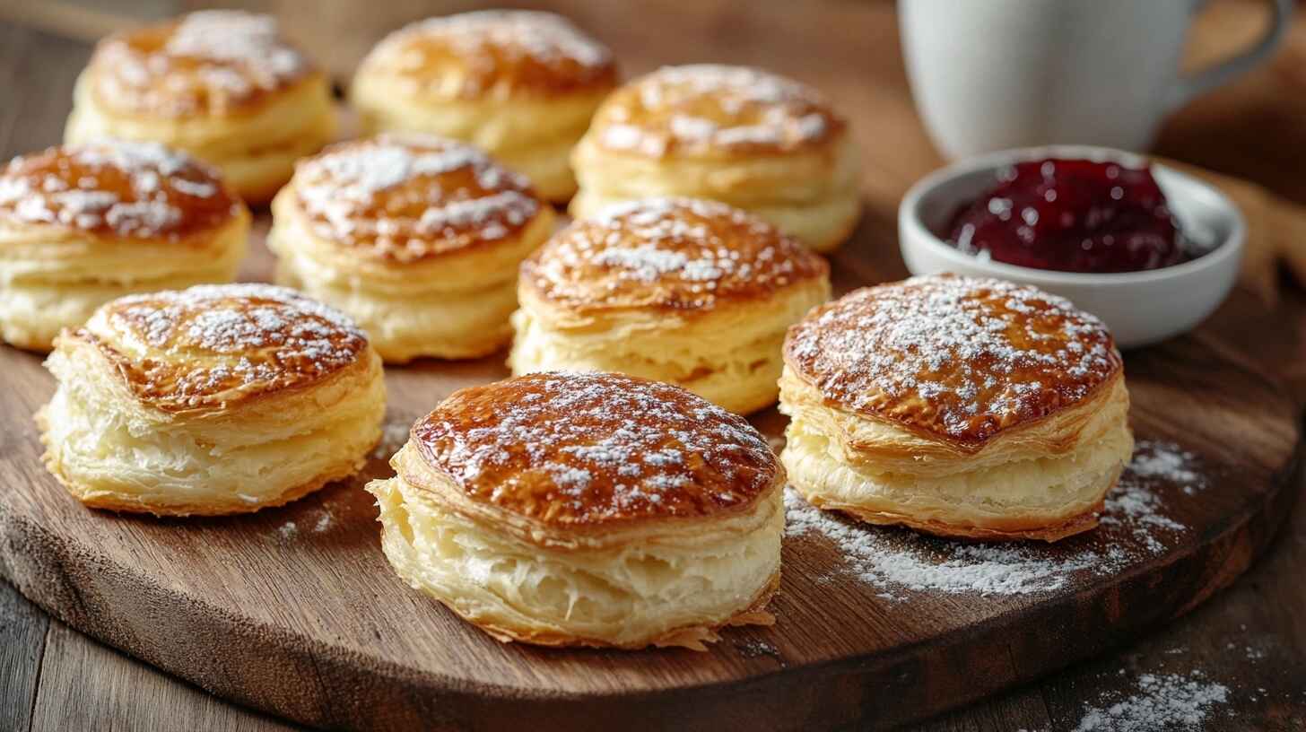 Quick and Easy Gipfeli Recipe You’ll Love 11 Freshly baked Swiss Gipfeli (croissants) with a golden, flaky crust, served on a wooden board with jam and coffee in a cozy breakfast setting.