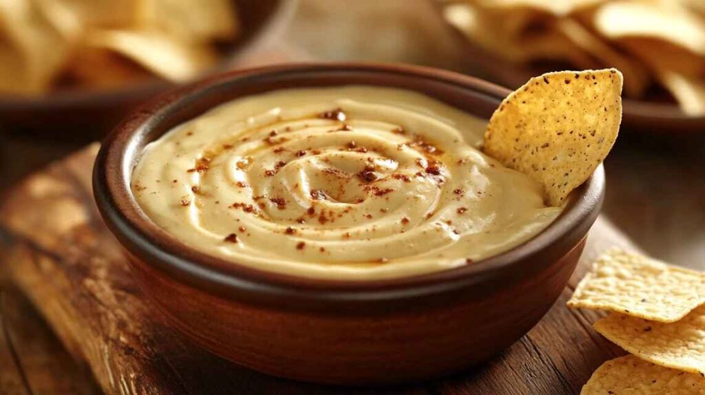 A bowl of velvety chipotle queso with a golden, creamy texture, garnished with smoky chipotle peppers, served with crispy tortilla chips.