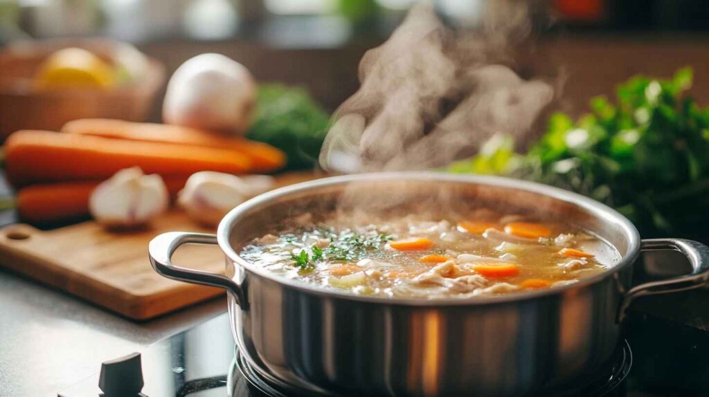 Transform Your Dinners With Boneless Beef Short Ribs Magic 5 A steaming pot of golden chicken bone broth on the stovetop, surrounded by fresh vegetables and herbs, ready to be served.