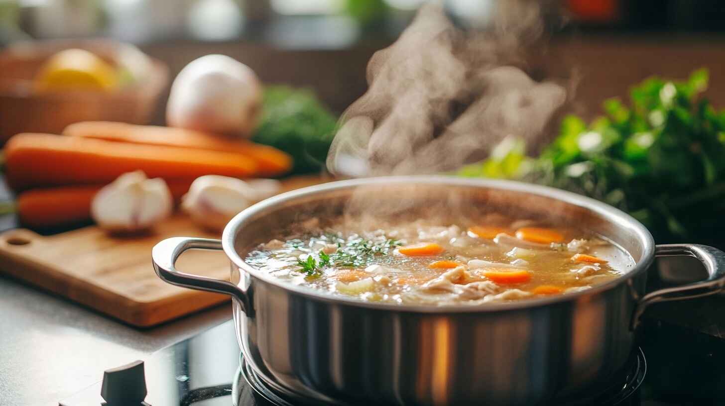 The Best Chicken Bone Broth Recipe You’ll Ever Make 9 A steaming pot of golden chicken bone broth on the stovetop, surrounded by fresh vegetables and herbs, ready to be served.