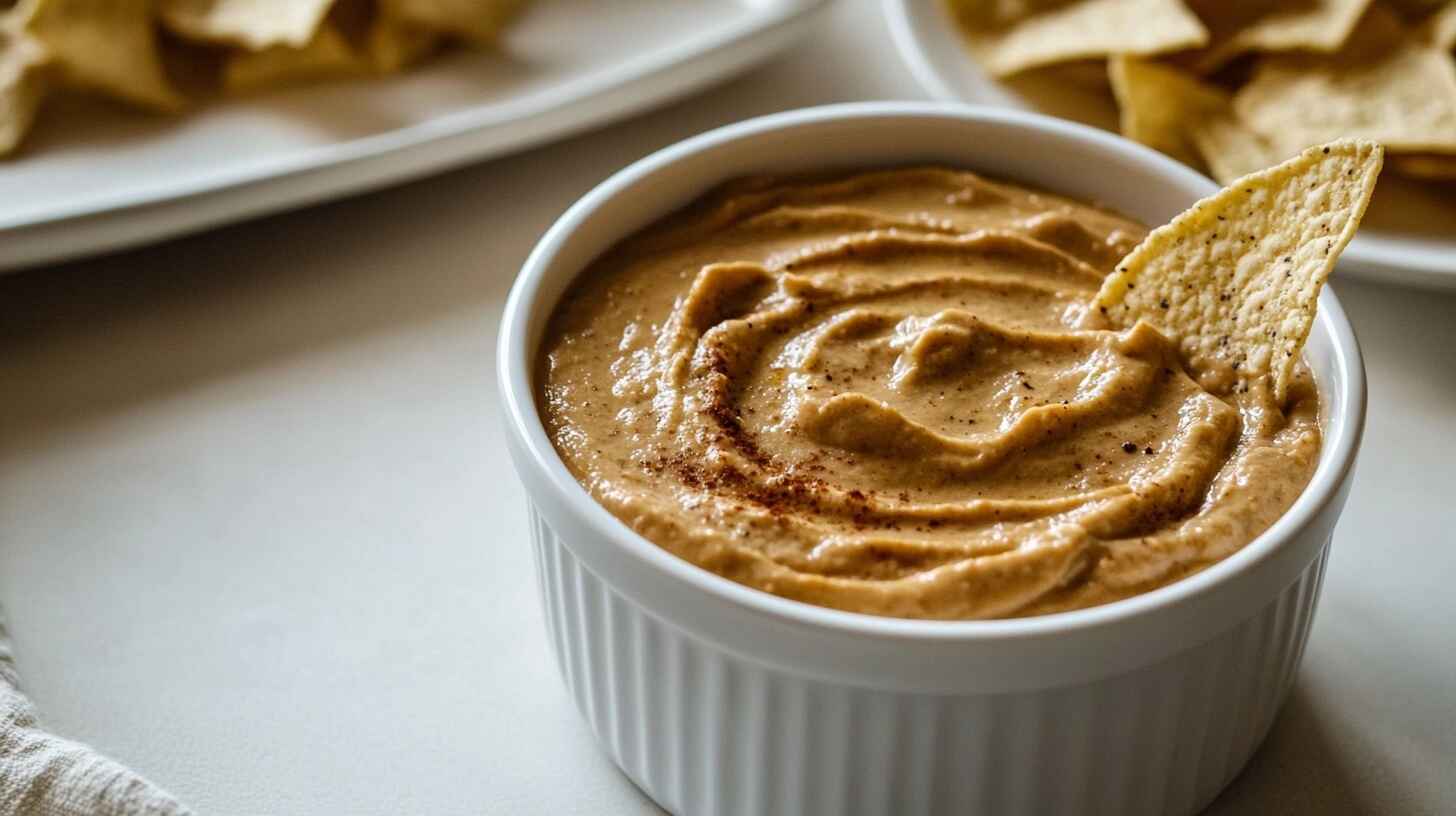 A creamy, smoky chipotle queso dip in a white bowl, garnished with flecks of chipotle peppers and served with crispy tortilla chips.