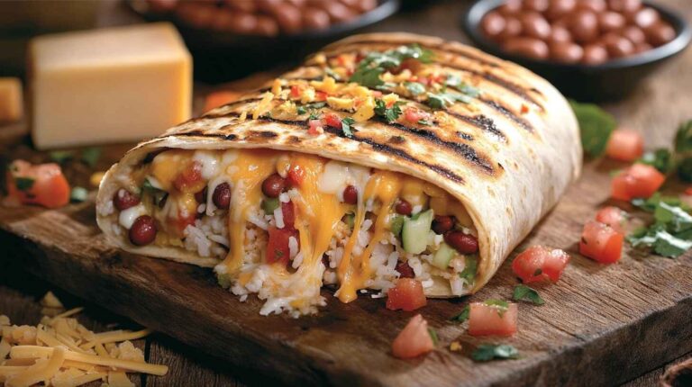 A cheese-toasted burrito sliced in half, revealing a melted cheese filling with beans, vegetables, and rice, placed on a wooden board with scattered toppings.