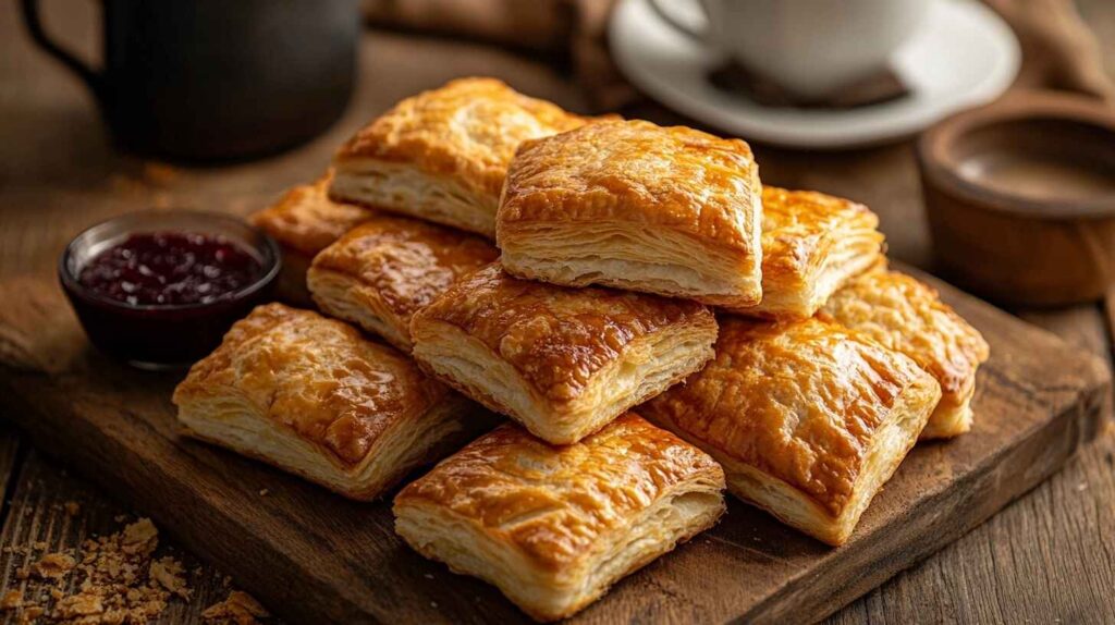 Quick and Easy Gipfeli Recipe You’ll Love 12 A fresh batch of golden Swiss Gipfeli (croissants) on a wooden board, served with jam and coffee in a cozy breakfast setting.