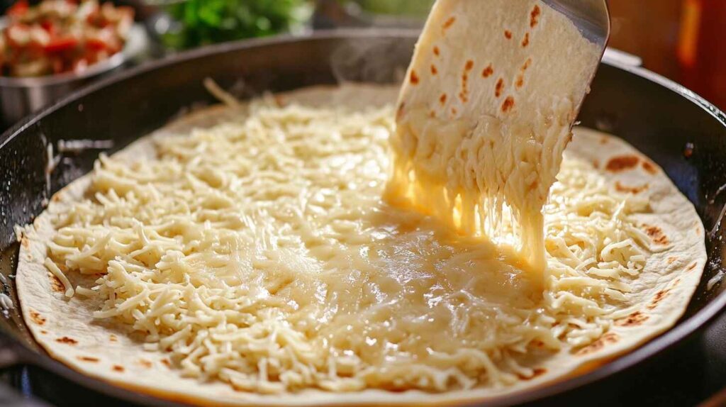 A close-up of cheese toasting in a skillet, forming a crispy layer on a tortilla for a cheese-toasted burrito.