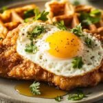 Gourmet Chicken Breakfast Recipes That Are Surprisingly Simple 48 A gourmet chicken and waffles breakfast with eggs, syrup, and fresh herbs on a rustic wooden table.