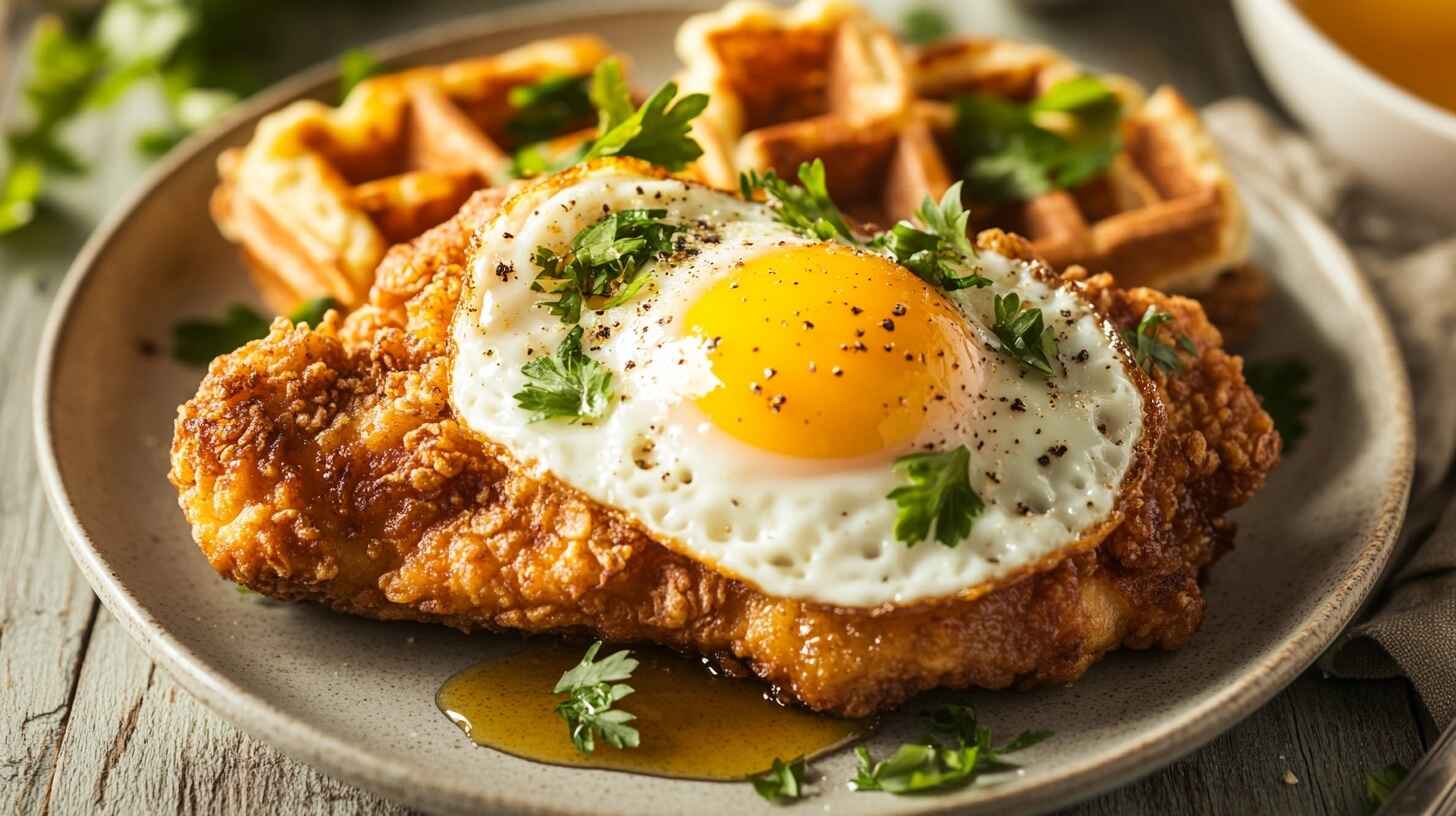 A gourmet chicken and waffles breakfast with eggs, syrup, and fresh herbs on a rustic wooden table.