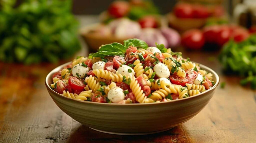 A colorful 4-ingredient pasta salad with cherry tomatoes, mozzarella, basil, and rotini pasta in a bowl.