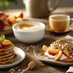 The Best Peach Breakfast Recipes for a Sweet Start 69 A breakfast spread with peach pancakes, peach yogurt parfait, and peach oatmeal on a rustic table.