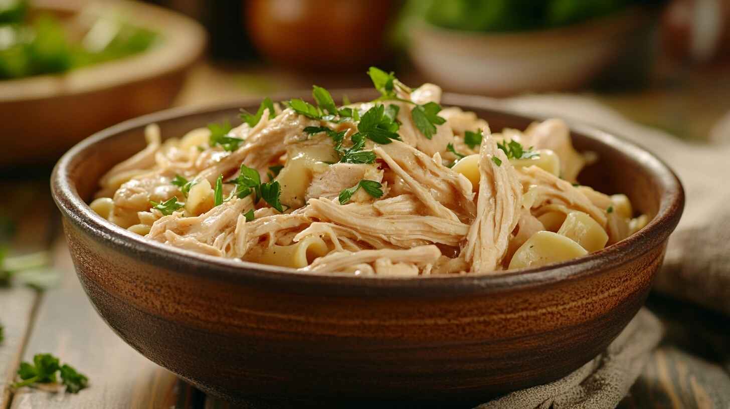 A bowl of rich and flavorful chicken and noodles garnished with fresh parsley.