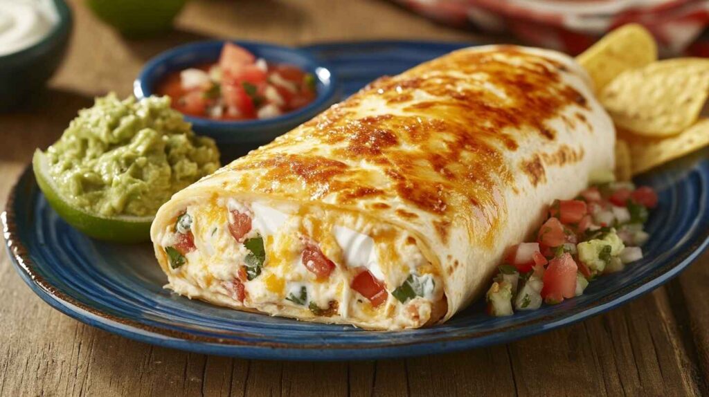 A cheese-toasted burrito served with guacamole, sour cream, salsa, and tortilla chips on a rustic wooden table.