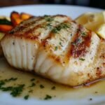 A crispy seared rockfish fillet with lemon butter sauce and fresh herbs, served with roasted vegetables.