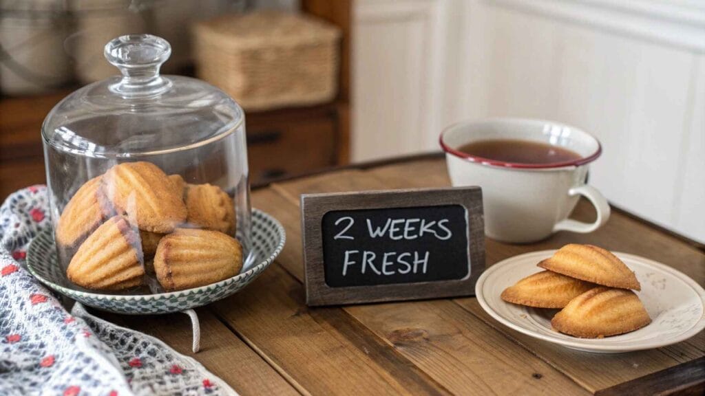Madeleine Magic A Taste of French Elegance in a New York Neighborhood 13 Madeleines stored in an airtight jar labeled “2 weeks fresh,” with tea and freshly baked madeleines.