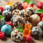 Easy Keto Candy Recipes to Make at Home 19 "Assorted keto-friendly candies on a modern kitchen countertop with ingredients like coconut oil and dark chocolate."