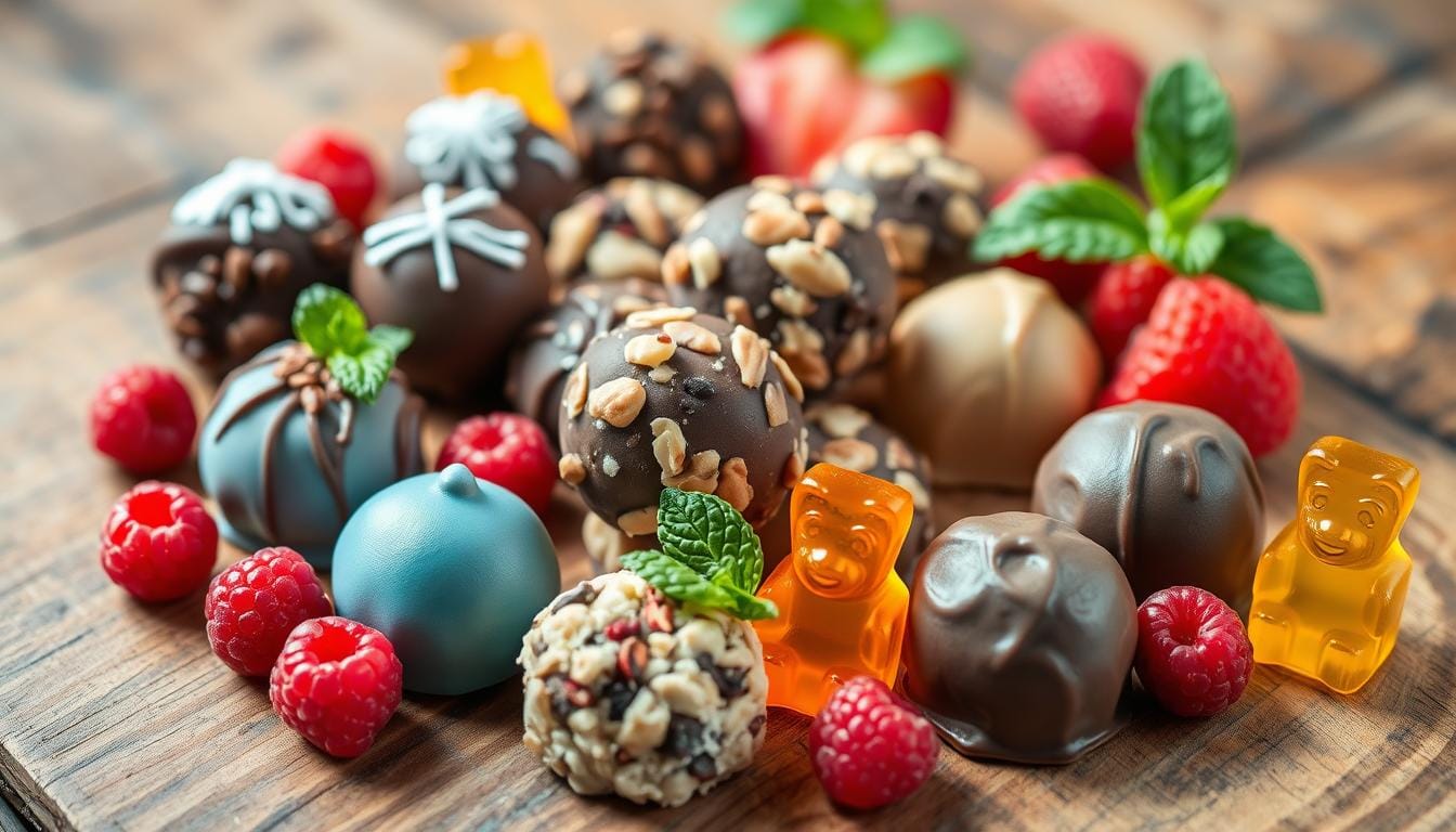 Easy Keto Candy Recipes to Make at Home 1 "Assorted keto-friendly candies on a modern kitchen countertop with ingredients like coconut oil and dark chocolate."