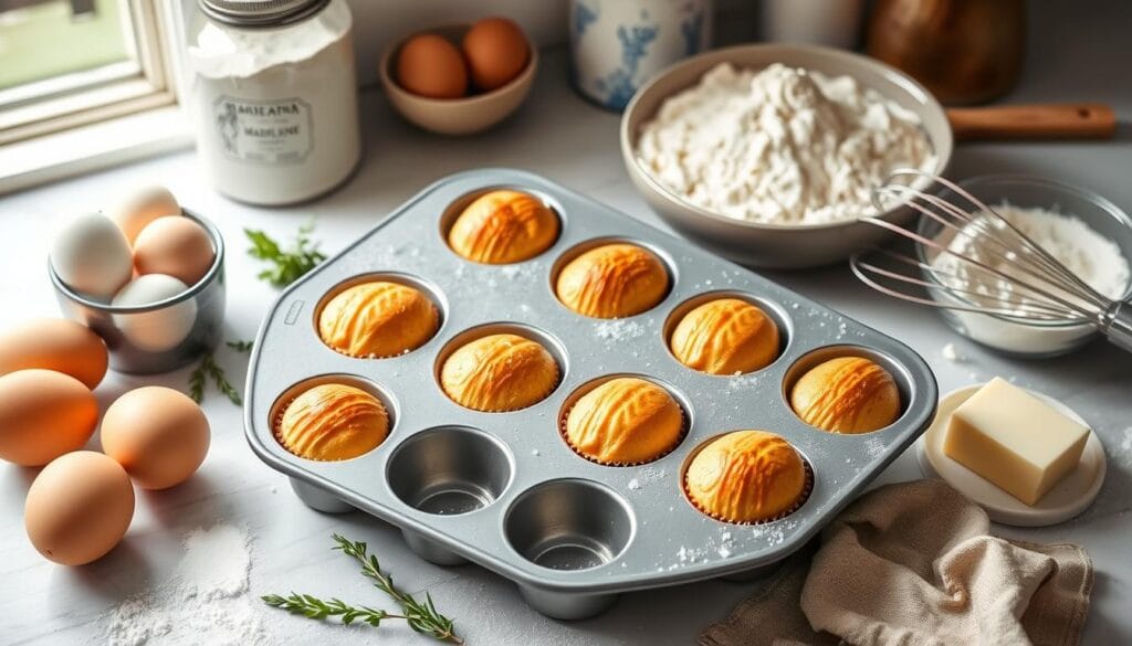 A non-stick madeleine pan filled with freshly baked golden madeleines, surrounded by baking essentials like whisk, measuring cups, and flour on a kitchen counter.