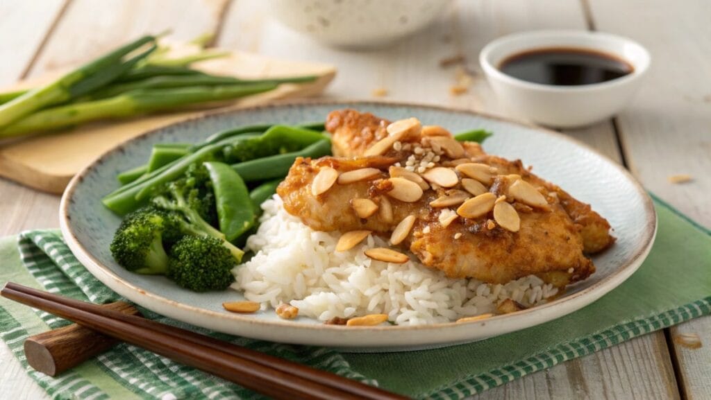Elevate Your Meals with Chinese Almond Chicken Magic 12 Crispy Chinese almond chicken served with almond sauce, jasmine rice, and steamed vegetables.