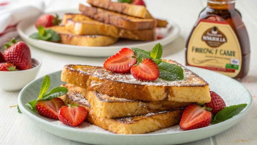 Golden French toast slices with strawberries and powdered sugar, featuring McCormick vanilla extract.