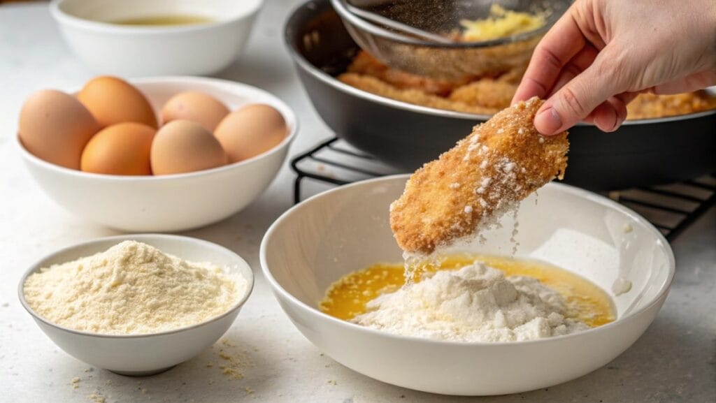 Elevate Your Meals with Chinese Almond Chicken Magic 14 Preparing Chinese almond chicken: coating a chicken piece in flour and cornstarch before frying.