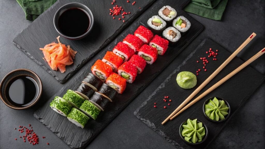 Overhead view of a gourmet sushi platter featuring black tobiko, red tobiko, and green tobiko, with soy sauce, chopsticks, and garnishes.