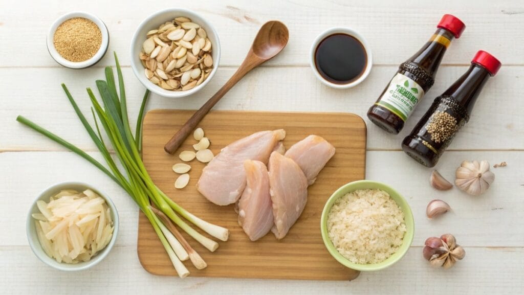 Elevate Your Meals with Chinese Almond Chicken Magic 13 Key ingredients for Chinese almond chicken, including chicken, almonds, soy sauces, bamboo shoots, and fresh aromatics.