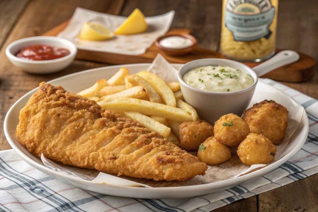 "Golden fried fish in Long John Silver's signature batter served with fries, hush puppies, and tartar sauce."