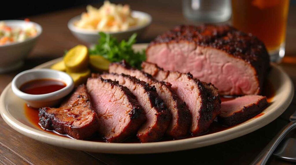 Brisket cooking on a smoker with smoke rising around it