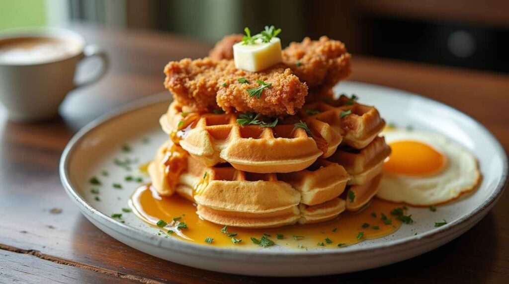 A gourmet plate of crispy fried chicken on fluffy waffles, drizzled with maple syrup and garnished with rosemary