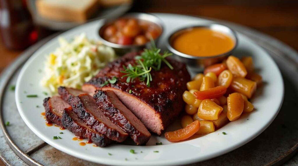 Tender Chipotle Plated sliced chipotle brisket with coleslaw, cornbread, and baked beans.