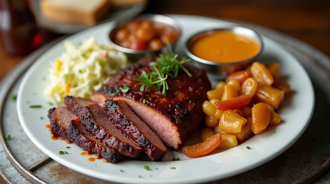 How to Make Smoky, Tender Chipotle Brisket at Home 1 Tender Chipotle Plated sliced chipotle brisket with coleslaw, cornbread, and baked beans.