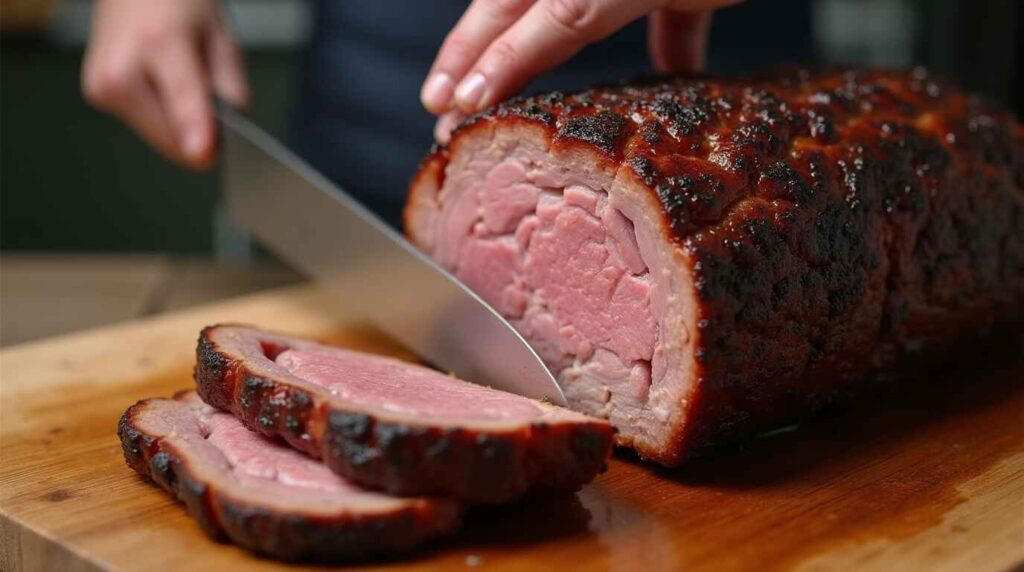 How to Make Smoky, Tender Chipotle Brisket at Home 4 Slicing a cooked brisket against the grain to reveal its juicy interior.