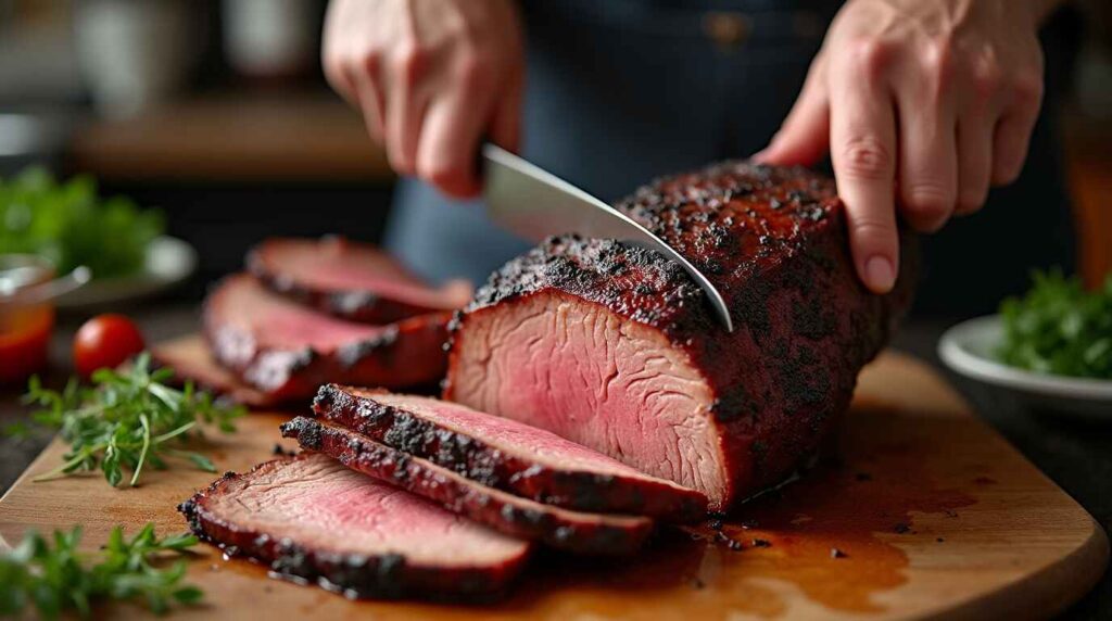 A hand slicing a juicy smoked brisket, showing the perfect smoke ring