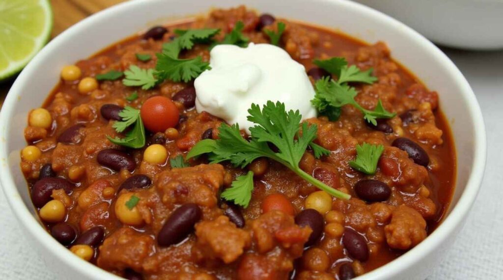 Healthy Ground Turkey Recipes for Weight Loss That You'll Love! 6 Bowl of turkey chili with beans and tomatoes, garnished with Greek yogurt and cilantro.