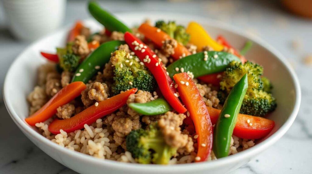 Healthy Ground Turkey Recipes for Weight Loss That You'll Love! 2 Ground turkey stir-fried with bell peppers, broccoli, and snap peas, served over brown rice.