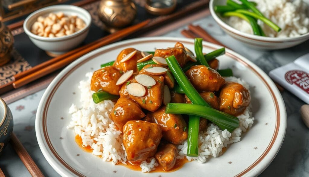 Crispy Chinese almond chicken with almond sauce and rice.