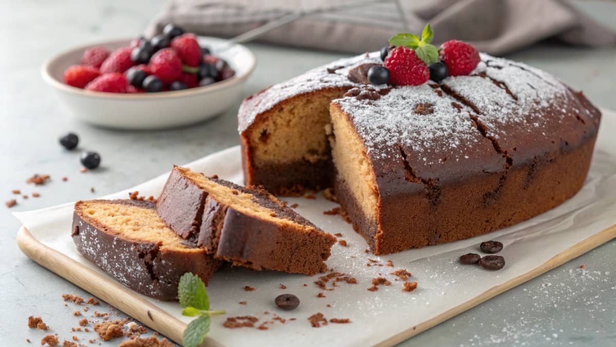 Irresistible Chocolate Pound Cake Recipe You will Love 1 A rich chocolate pound cake dusted with powdered sugar, topped with fresh berries, and served on a wooden board with a bowl of fruit.