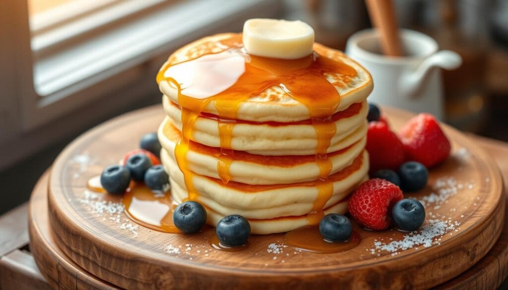 A stack of fluffy Cracker Barrel pancakes with butter and maple syrup on a rustic wooden table.