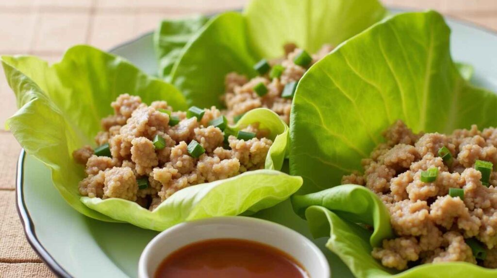 Healthy Ground Turkey Recipes for Weight Loss That You'll Love! 4 Lettuce wraps filled with seasoned ground turkey and diced water chestnuts, garnished with green onions.