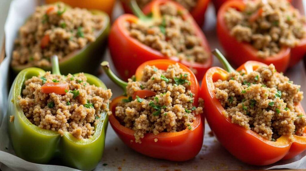 Healthy Ground Turkey Recipes for Weight Loss That You'll Love! 3 Bell peppers stuffed with ground turkey and quinoa mixture, baked to perfection.