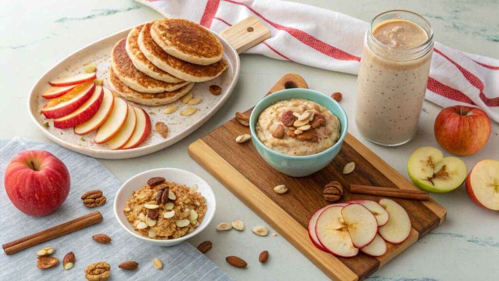 A breakfast spread featuring apple slices, pancakes, a smoothie, and bowls of porridge topped with nuts, presented on a light-colored surface.