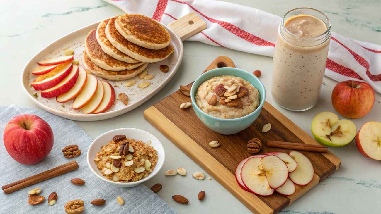 A breakfast spread featuring apple slices, pancakes, a smoothie, and bowls of porridge topped with nuts, presented on a light-colored surface.