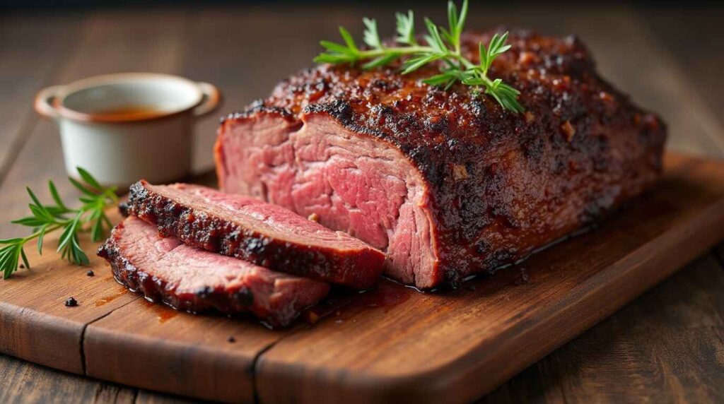 A juicy, smoked brisket sliced on a wooden cutting board, showcasing its tender texture and flavorful bark.