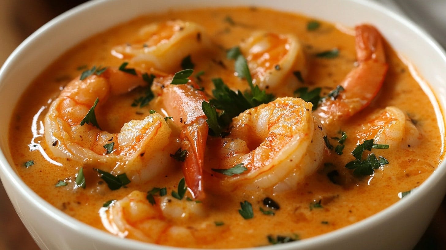 The Ultimate Creamy Shrimp Soup You Must Try! 1 A bowl of creamy shrimp soup with fresh parsley