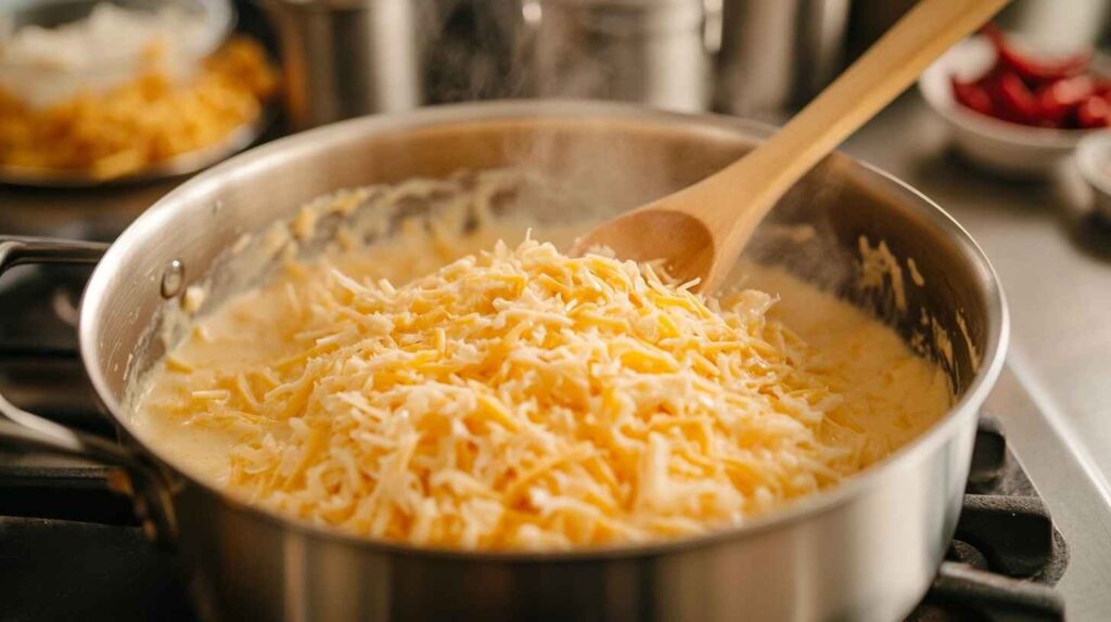 A saucepan with melted cheddar and Monterey Jack cheese, stirred into a smooth, creamy queso sauce, ready for chipotle peppers and seasonings.
