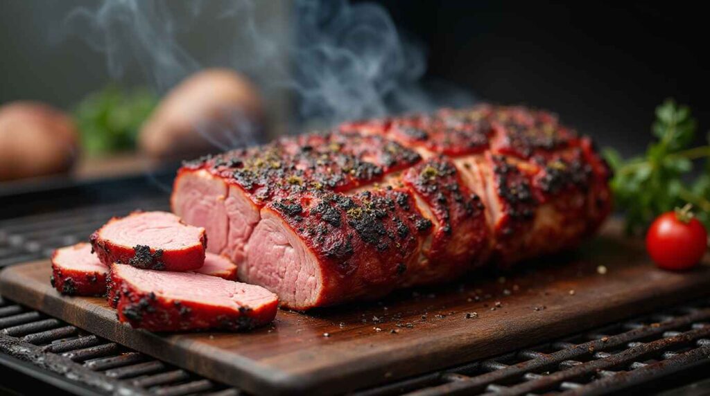 A set of essential smoking tools, including a smoker, digital meat thermometer, wood chunks, and a slicing knife, arranged on a wooden table.