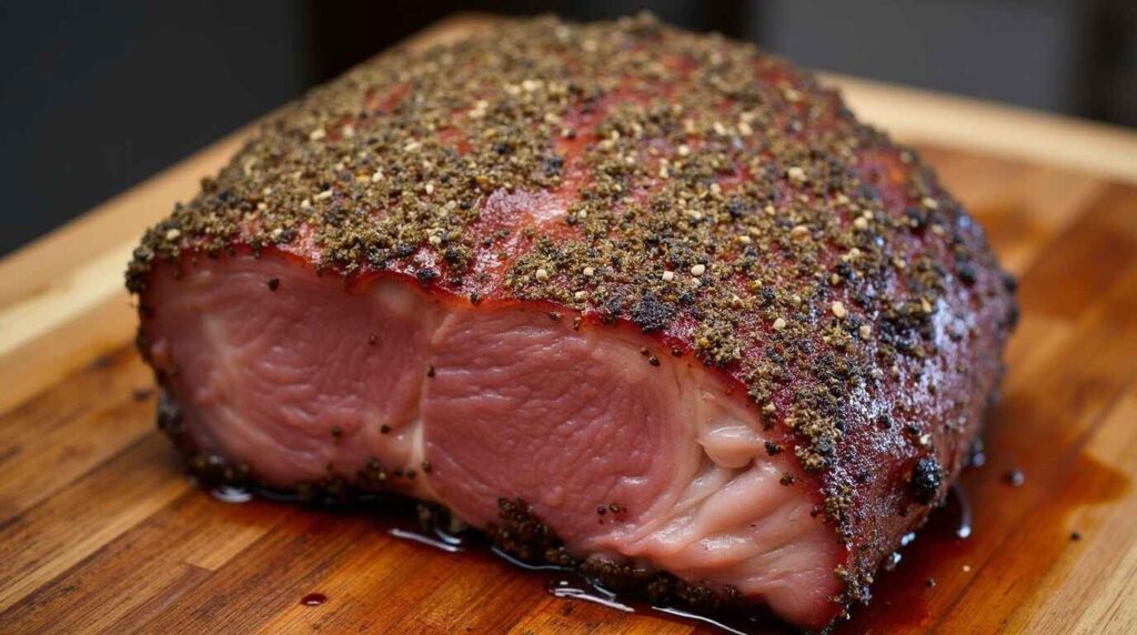 A brisket being trimmed with a sharp knife, seasoned with a dry rub, and injected with marinade before smoking."