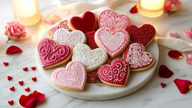 How To Make Pecan Pie Cupcakes A Perfect Fall Treat 19 Valentine’s Day cookies arranged on a platter with decorative icing, pearls, and glitter on a wooden table.