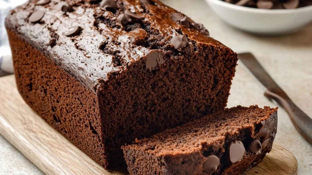 Freshly baked chocolate banana bread, sliced to reveal its moist texture and gooey melted chocolate chips, sitting on a cooling rack.