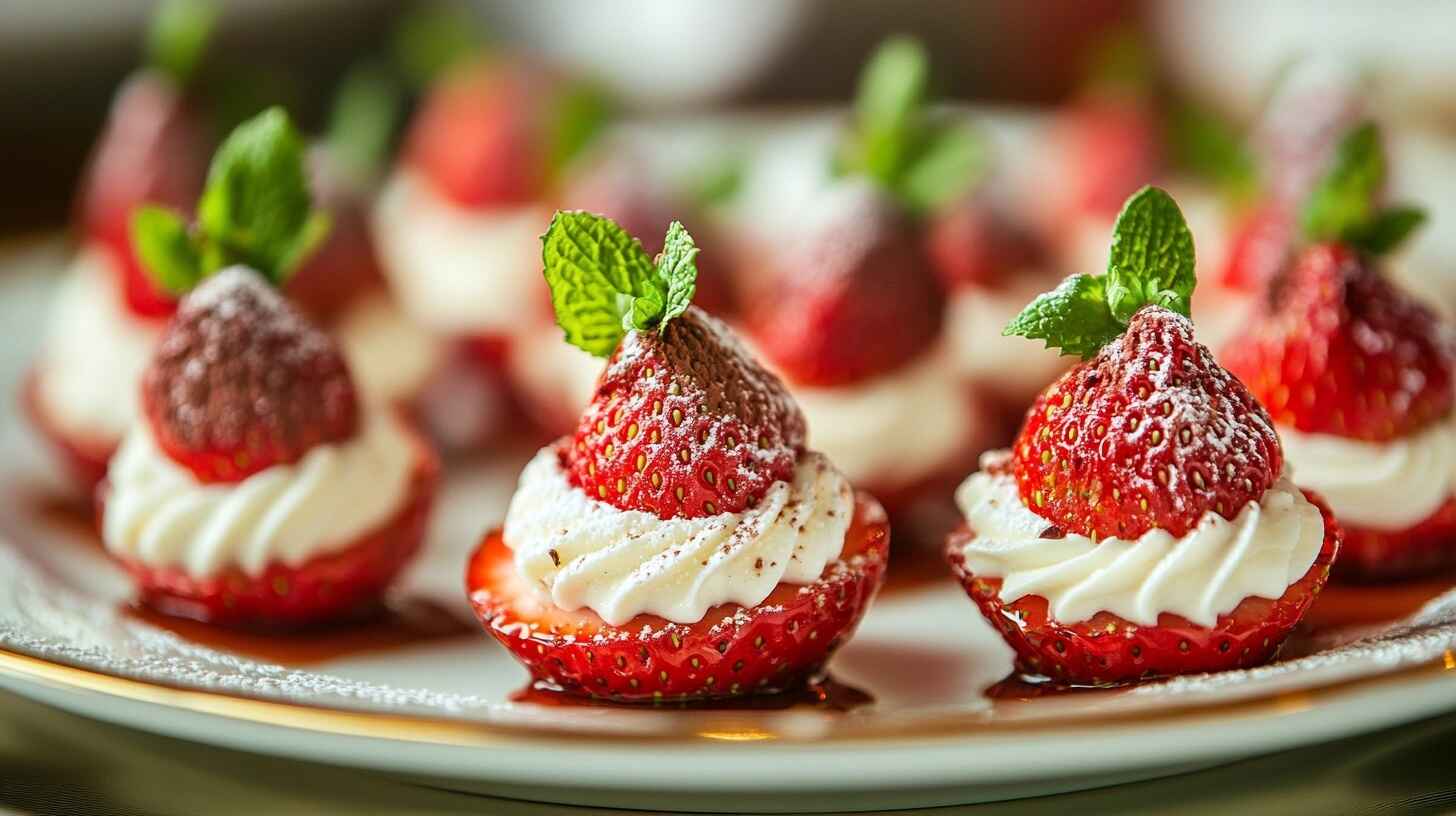 How to Make Perfect Deviled Strawberries for Any Occasion 7 Deviled strawberries on a wooden board with creamy filling and chocolate drizzle, garnished with mint leaves.